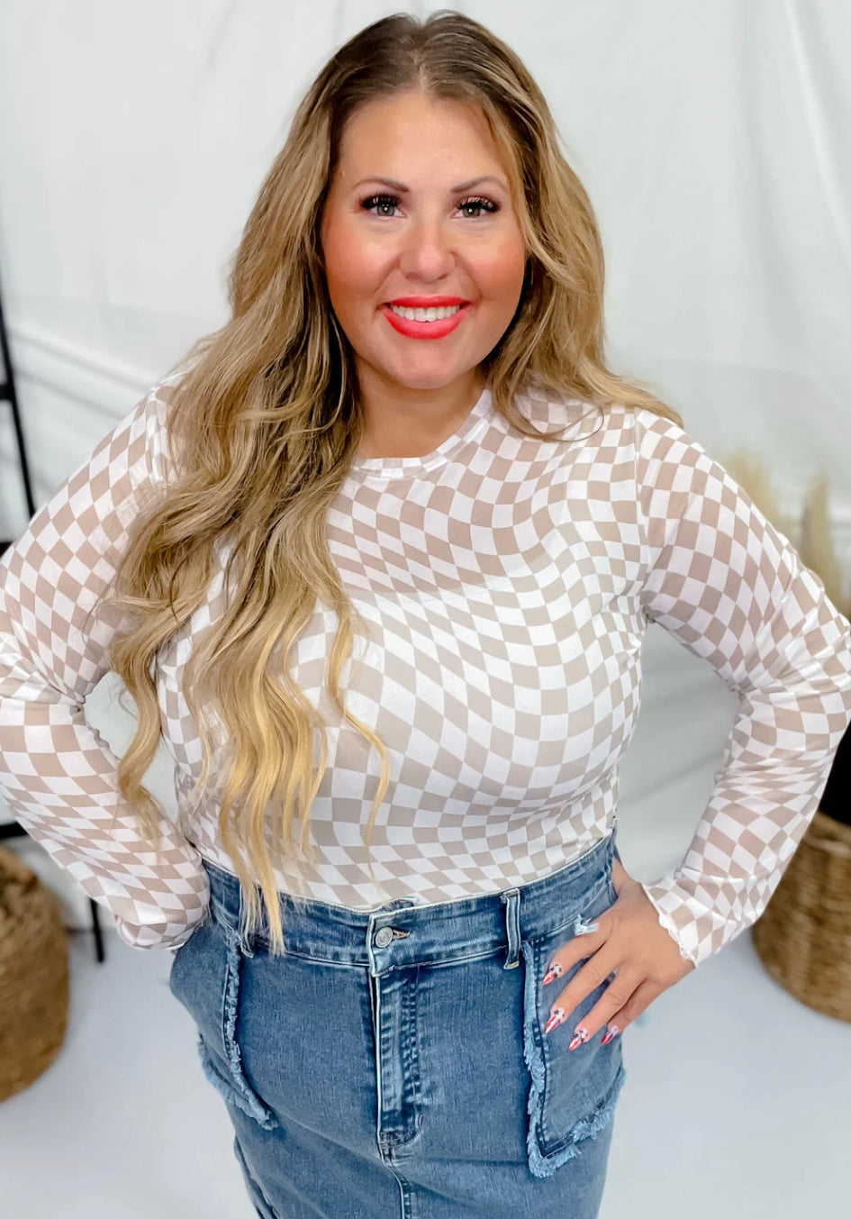 Taupe Checkered Mesh Top