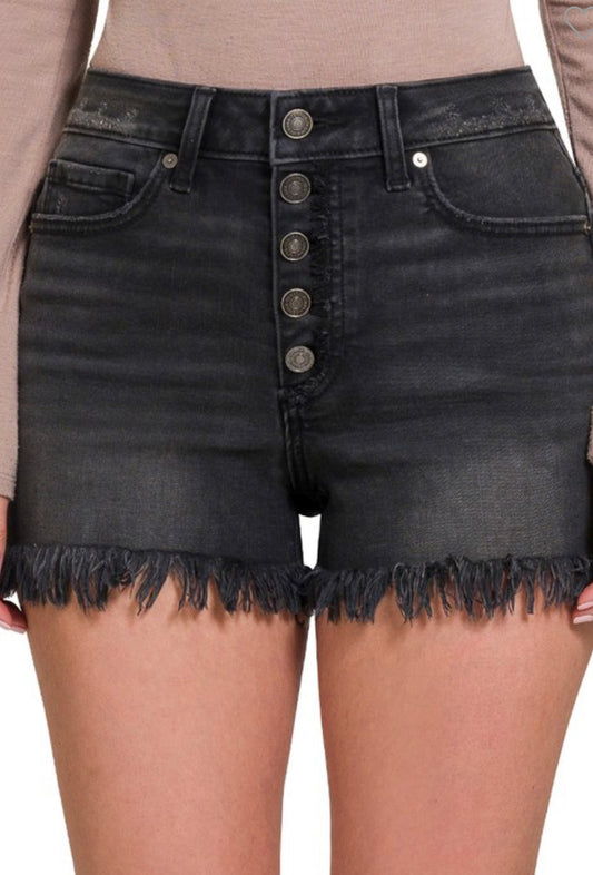Button Fly Black Washed Denim Shorts